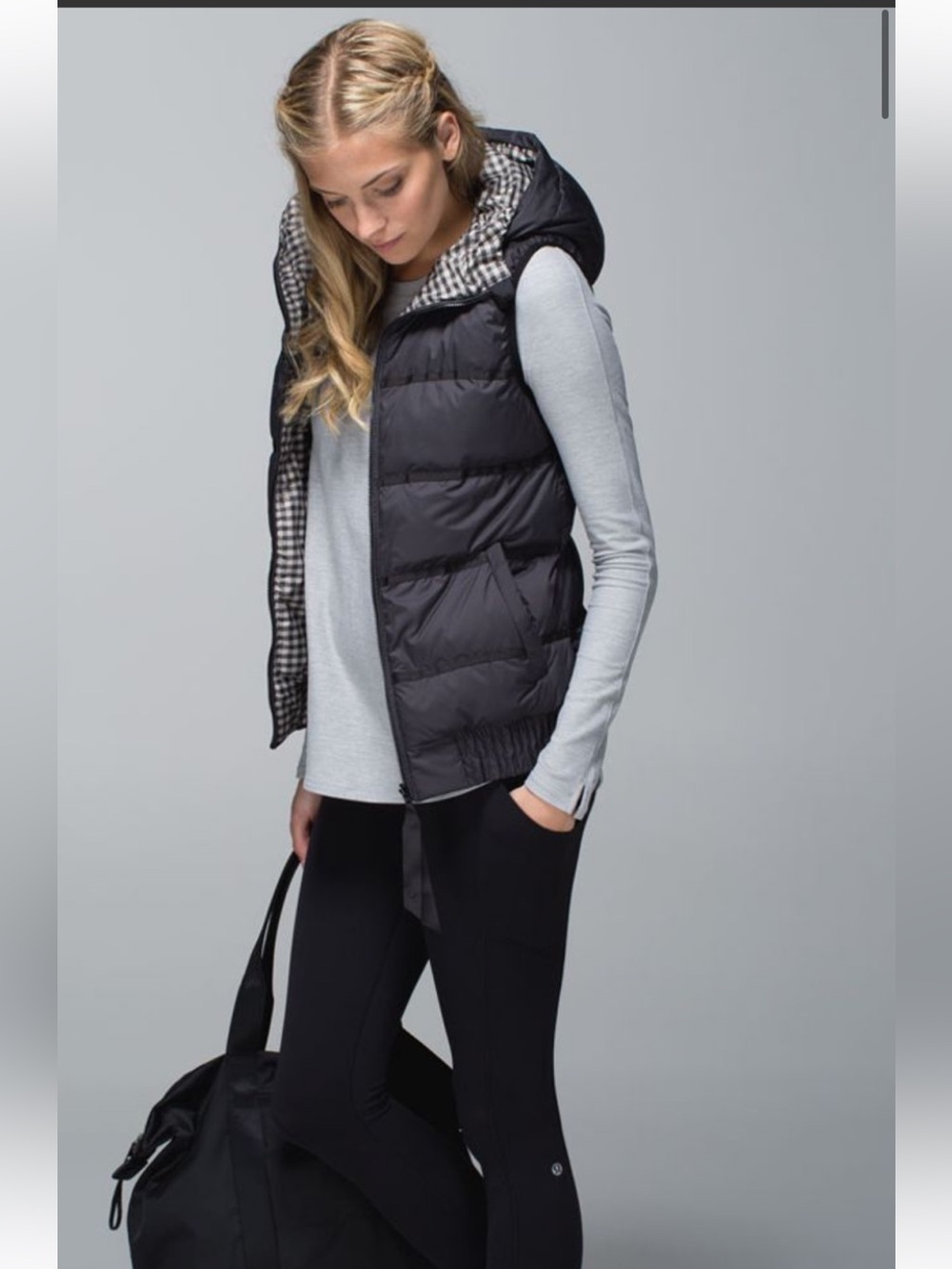 Lululemon Chilly Chill Puffy Vest Black Quilted Hooded Puffer size 6 Gingham